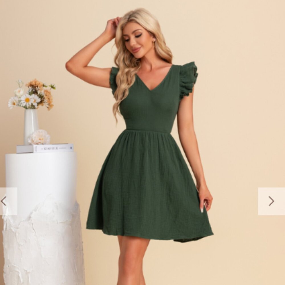 NWT JJ’s House Green V‑Neck A‑Line Mini Dress • Size L • Cotton Blend Trapeze